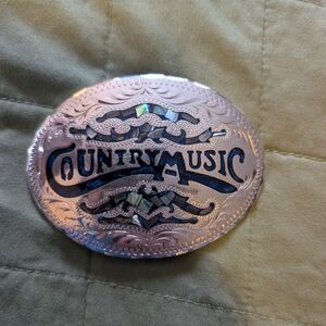 Vintage Country Music Western Belt Buckle – Engraved w/ Abalone Inlay – Handmade